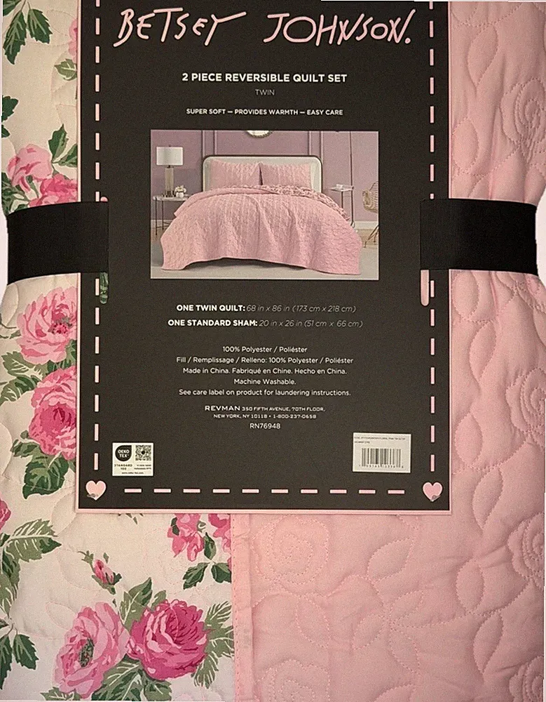 2 Piece Set BETSEY JOHNSON Reversible TWIN Quilt Pink Rose Toile Coquette NEW