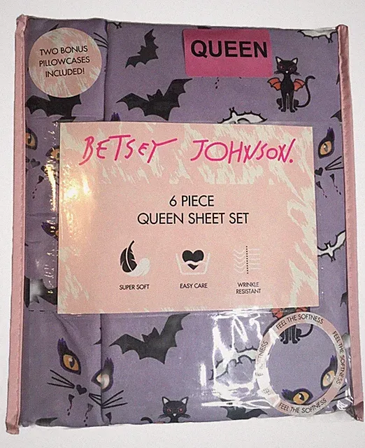 6 PC BETSEY JOHNSON PURPLE CATS & BATS DESIGN QUEEN SHEET SET HALLOWEEN NWT