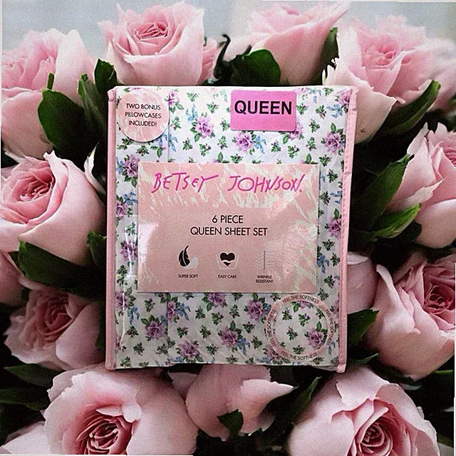 6pc Betsey Johnson Flowers & Bows Purple Print Shabby Chic Queen Sheet Set