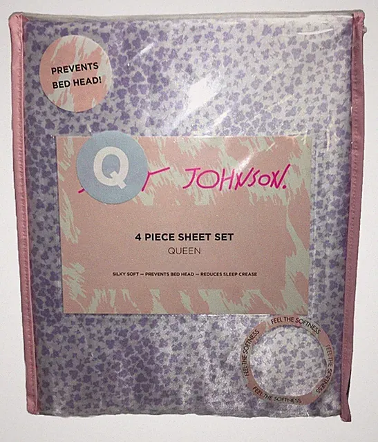 BETSEY JOHNSON 4 PC SATIN QUEEN SIZE SHEET SET Purple & White Silky Soft NWT