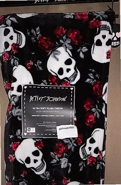 Betsey Johnson Black Red Roses Sculls Ultra Soft Plush Throw Blanket Halloween