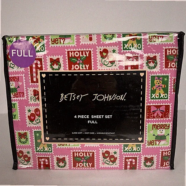 Betsey Johnson Full 4pc Sheet Set Christmas Stamps Pink Super Soft Easy Care