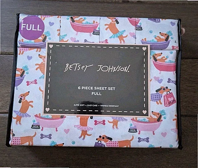 BETSEY JOHNSON FULL White Pink Diva Dogs Sheet Set 6pc Dachshund Dog Puppy Dance