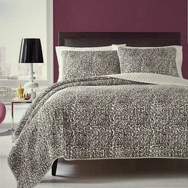 Betsey Johnson Grey Leopard Print to Stripes NWOT Twin Size Cotton Quilt & Sham