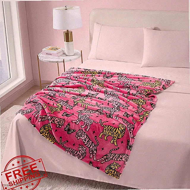 Betsey Johnson Pink Butterfly Tiger Throw Blanket 50x70" Plush