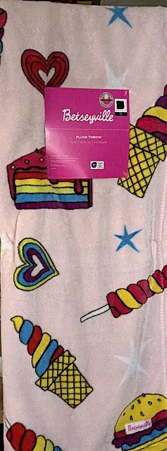 Betsey Johnson Plush Blanket Pink Summer Treats Burgers Ice Cream Rainbow Cake