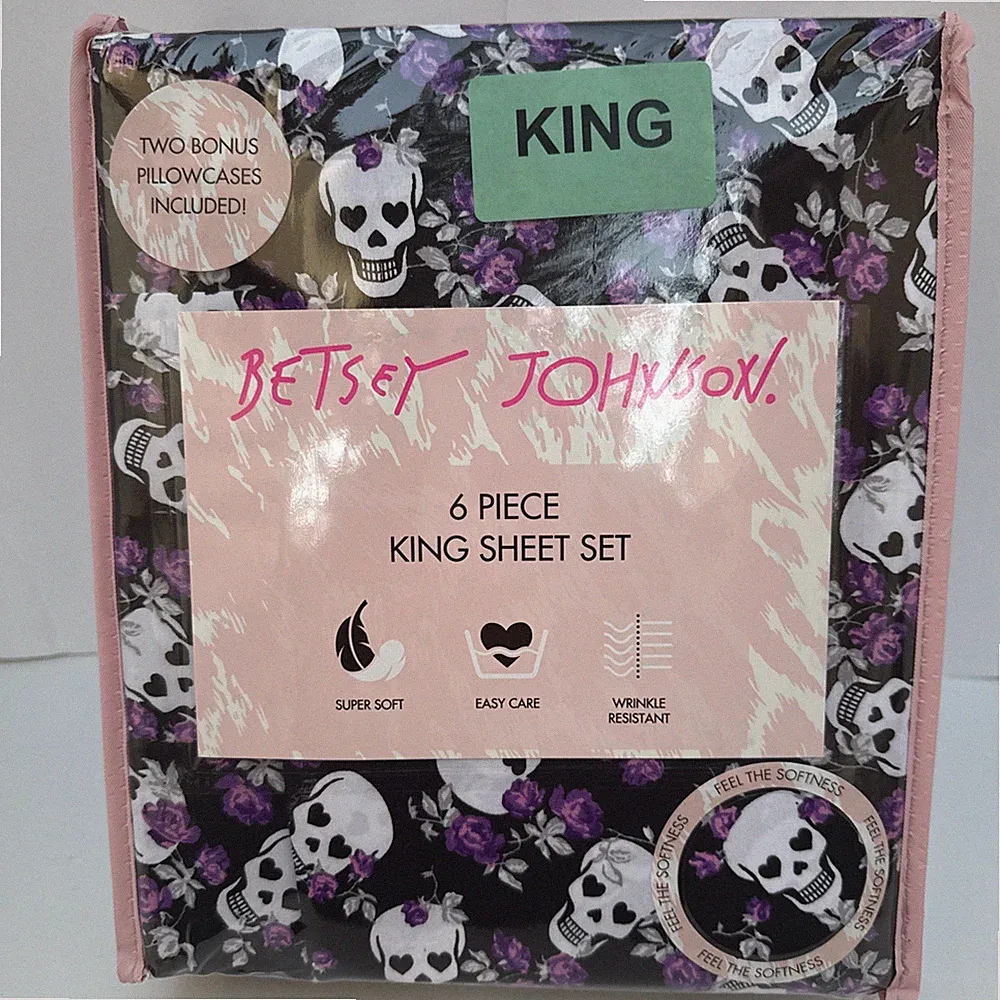 Betsey Johnson Purple Skull Roses 6pc King Bed Sheet Set -New with Tags