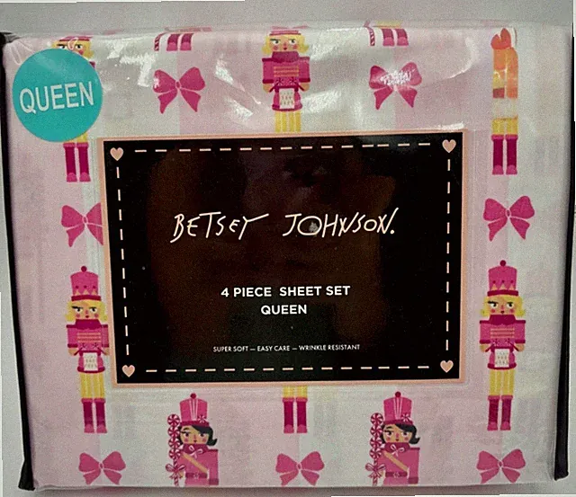 Betsey Johnson Queen Sheet Set 4-Piece Pink Nutcracker Print NEW