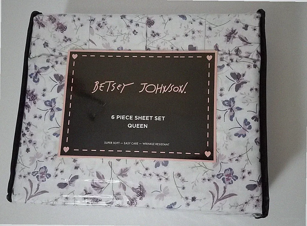 Betsey Johnson Queen Sheet Set Purple Floral Flowers Butterfly 6pc Bedding NEW