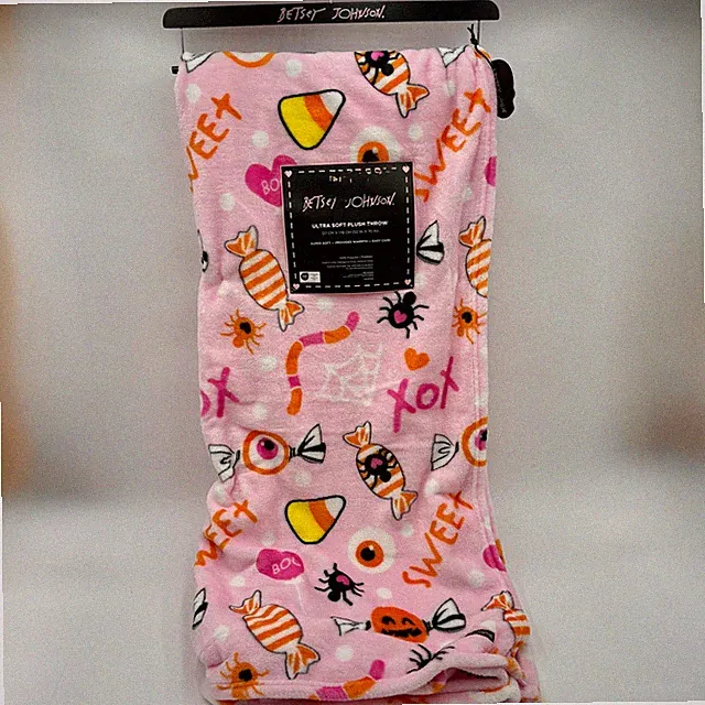 Betsey Johnson Summerween Plush Throw Blanket Pink Candy Spooky Sweet Treat Boo