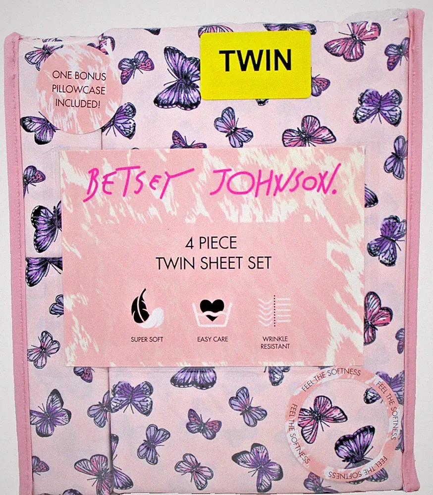 Betsey Johnson Twin Sheet Set Pink/Purple Butterfly 4pc Bedding NEW