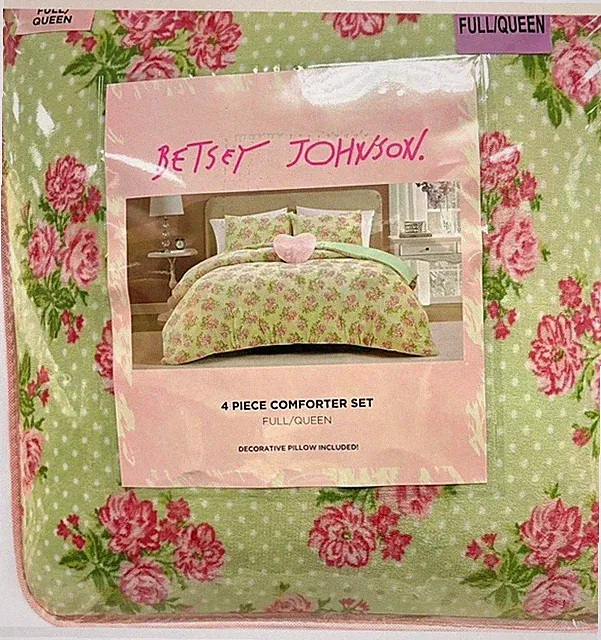 Betsy Johnson pink and green floral plush comforter 4 piece set new
