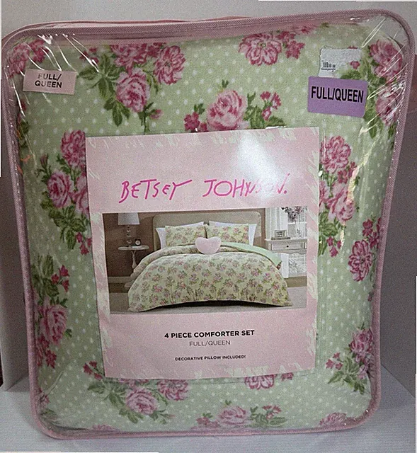 Betsy Johnson pink & green floral plush Full Queen Comforter 4 piece set new