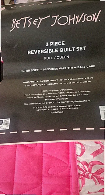 New 3pc Full/Queen Betsey Johnson Pink Bow Reversible Quilt Set