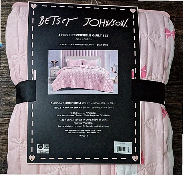 New 3pc QUEEN Betsey Johnson Pink Bow Stripe Reversible Quilt Set