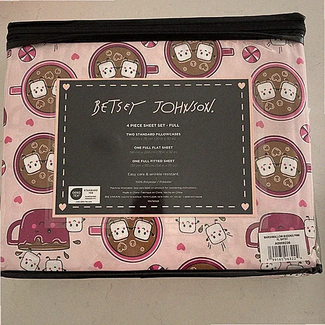 NEW Betsey Johnson Full Sheet Set 4 Pieces Pink Hot Cocoa Marshmallow