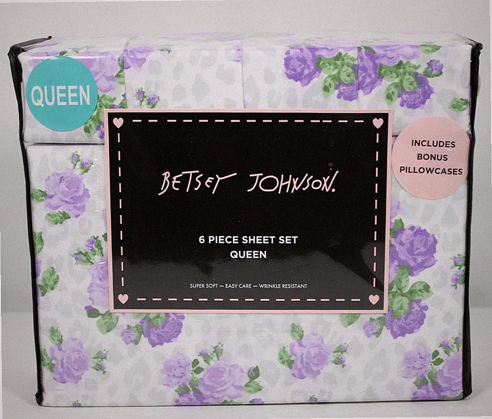 New Betsey Johnson Purple Wild Love Queen 6 Piece Sheet Set Bonus Shams